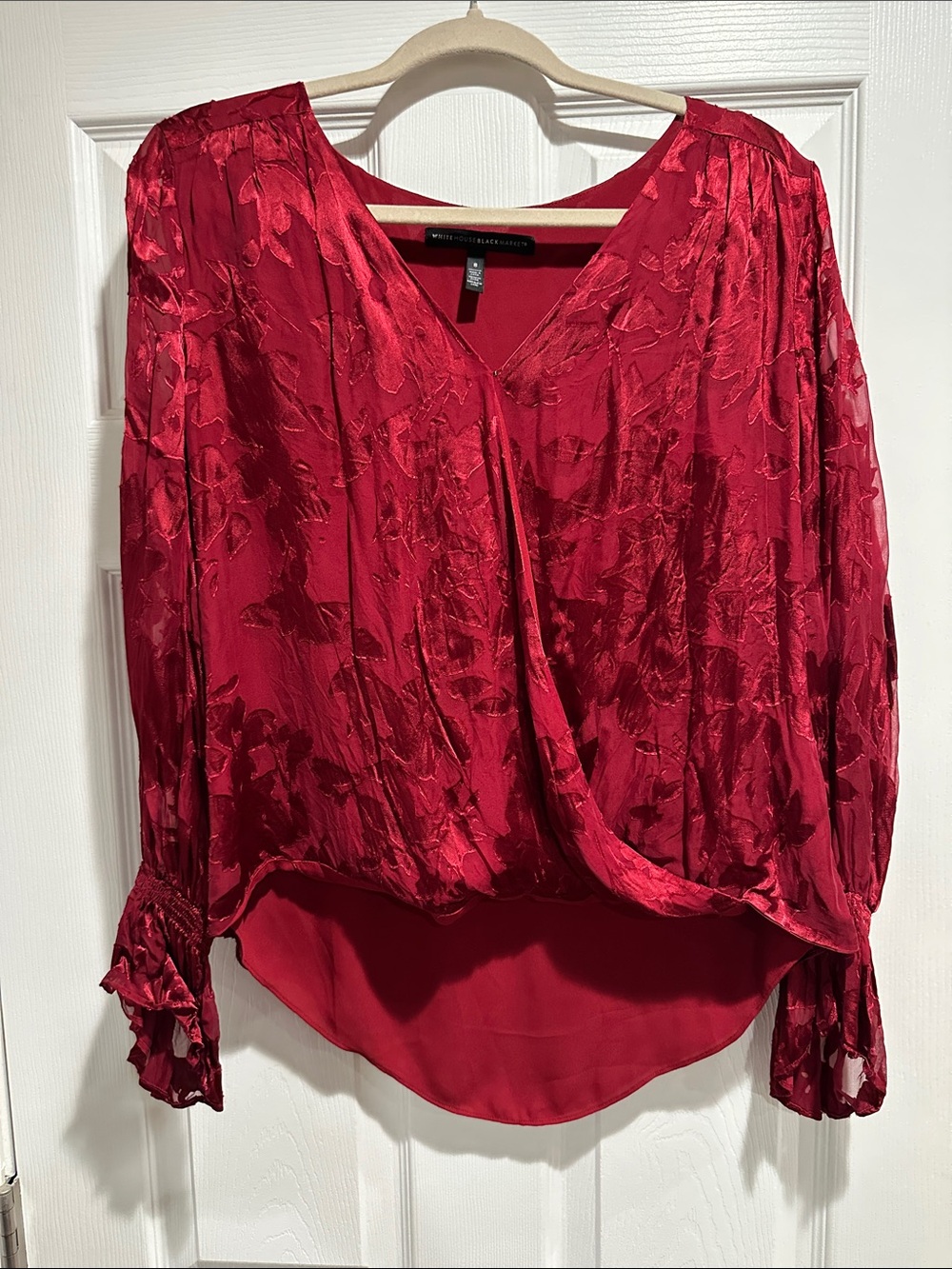 White House Black Market Red Floral Jacquard Draped V-Neck Blouse